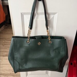 Tory Burch Dark Green Leather Tote